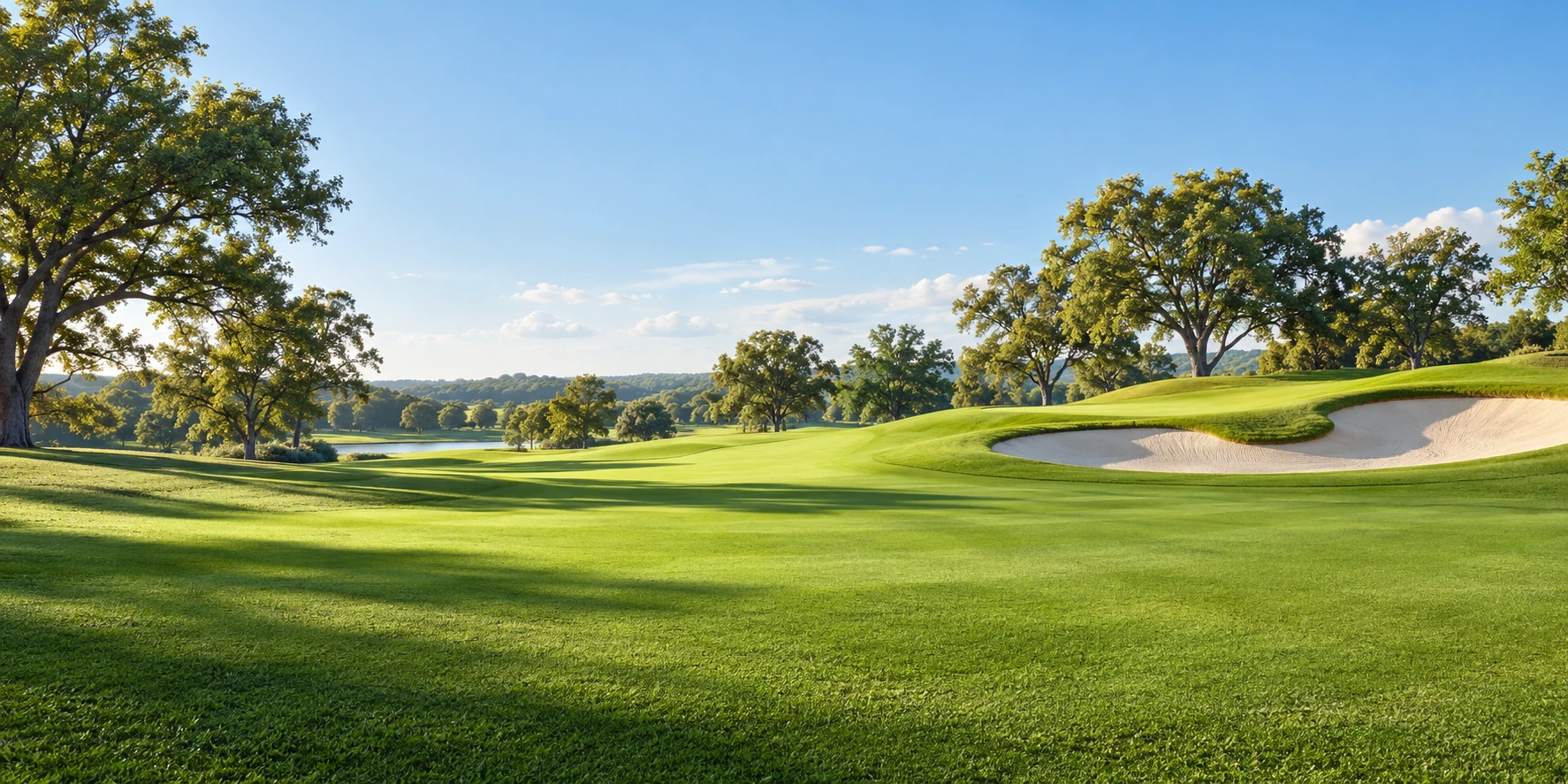 Sunlit golf course with green grass, trees and a sand bunker