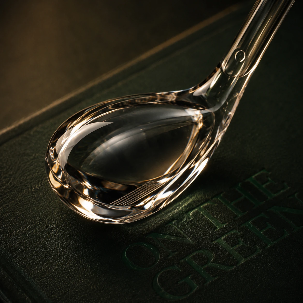 Fine detail of the handcrafted glass golf club bottle